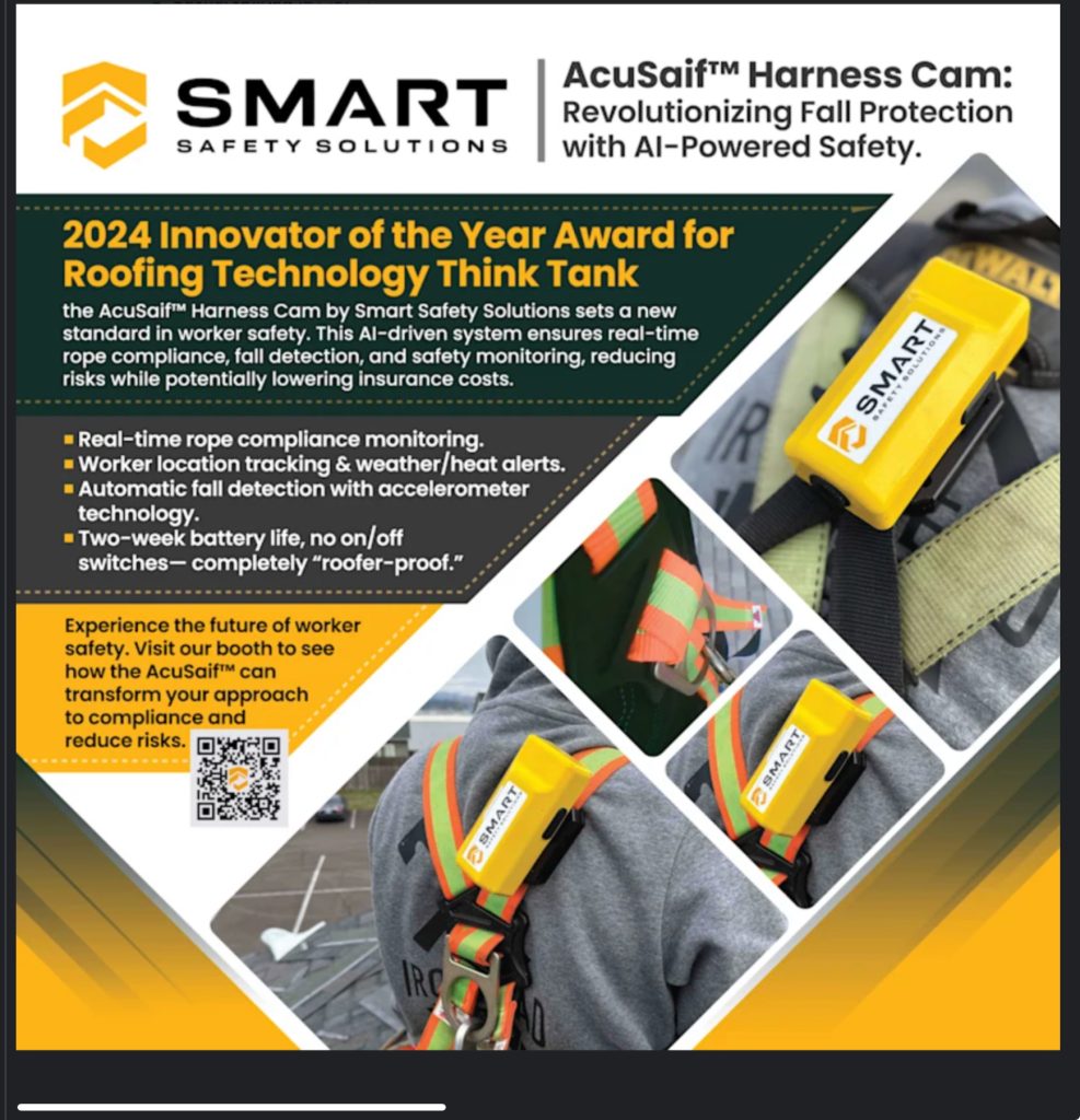 AcuSaif Harness Cam flyer: the yellow harness-mounted safety camera and its 2024 Innovator of the Year award for roofing technology