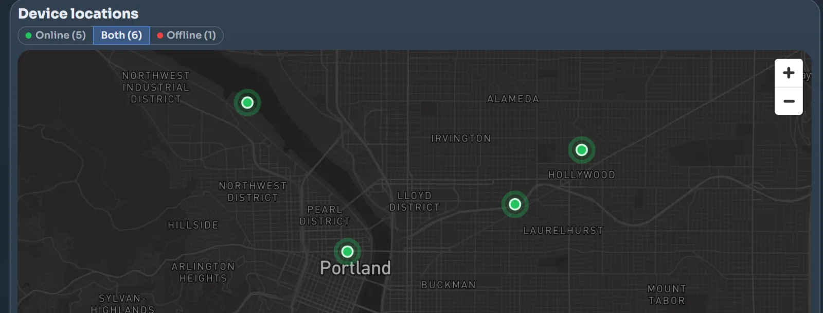 Live map of device locations with camera pins