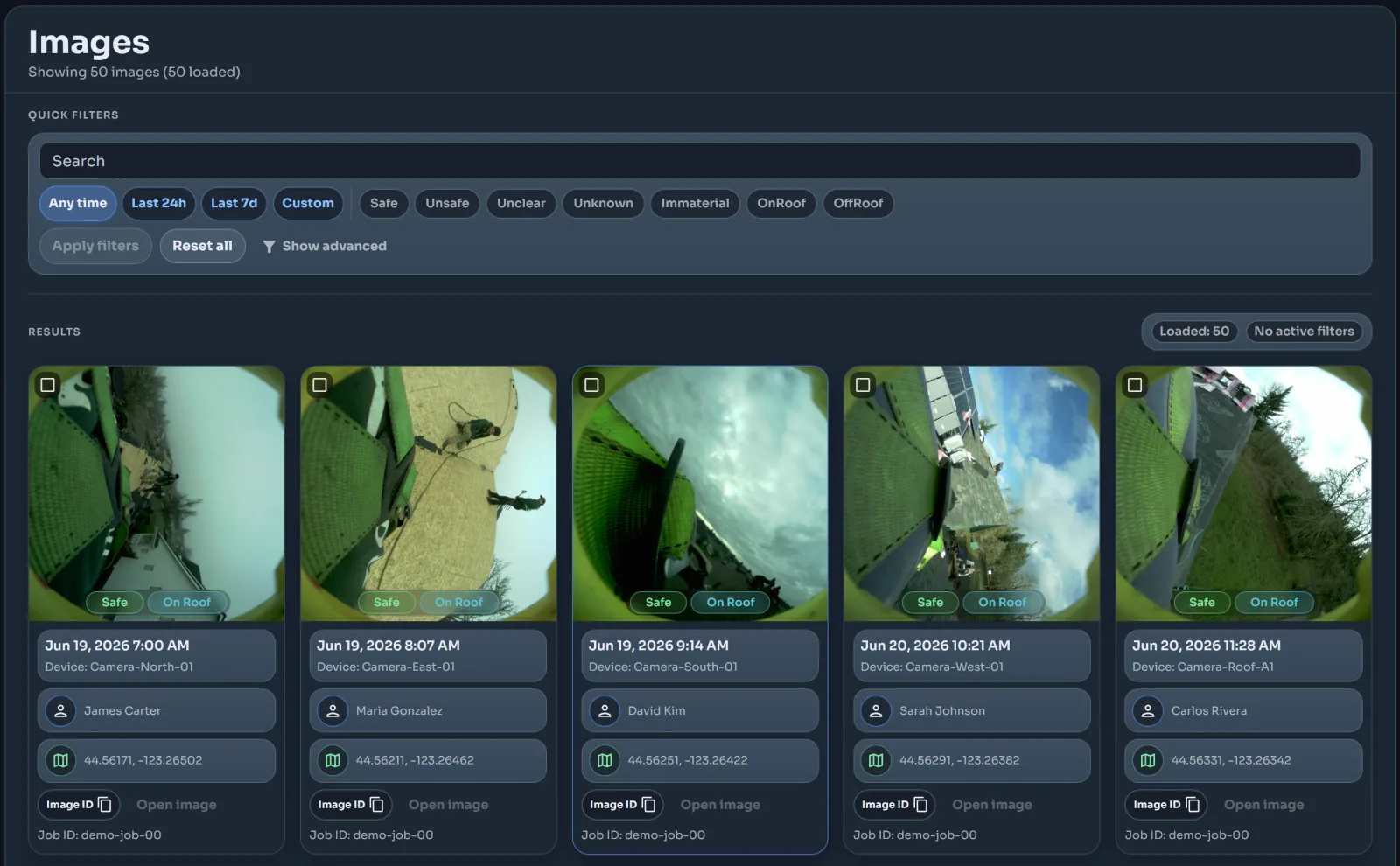 Image review grid with photos tagged safe and on roof